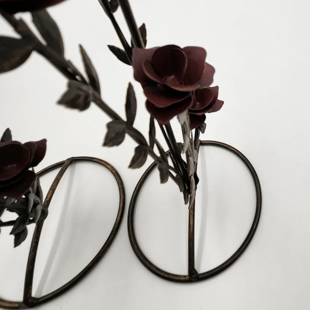Pair Vtg Metal Rose Flower Votive Candle Holders Spiral Wire Tower Romantic Goth